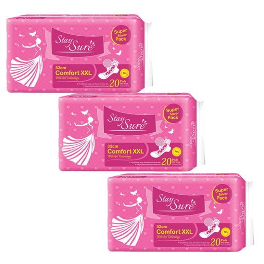 Stay sure 320mm xxl & extra cotton thick 20 individually wrapped sanitary pads pack of 3 packets - staysure.asia