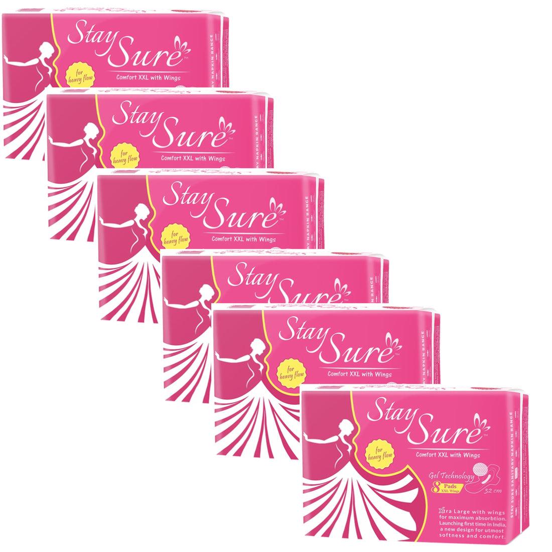 Stay sure 320mm xxl & extra cotton 8 individually wrapped sanitary pads pack of 6 packets - staysure.asia