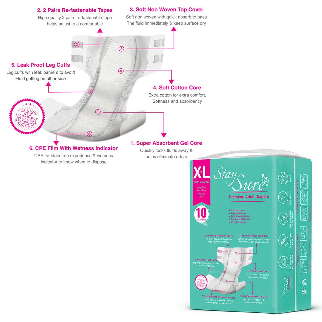 STAYSURE ADULT DIAPER STICK TYPE PREMIUM QUALITY EXTRA LARGE SIZE PACK OF 10 PCS - staysure.asia