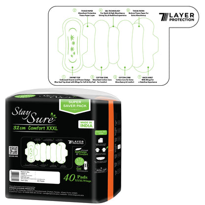 Stay sure 320mm xxl & extra cotton sanitary pads pack of 40 individually wrapped pads.