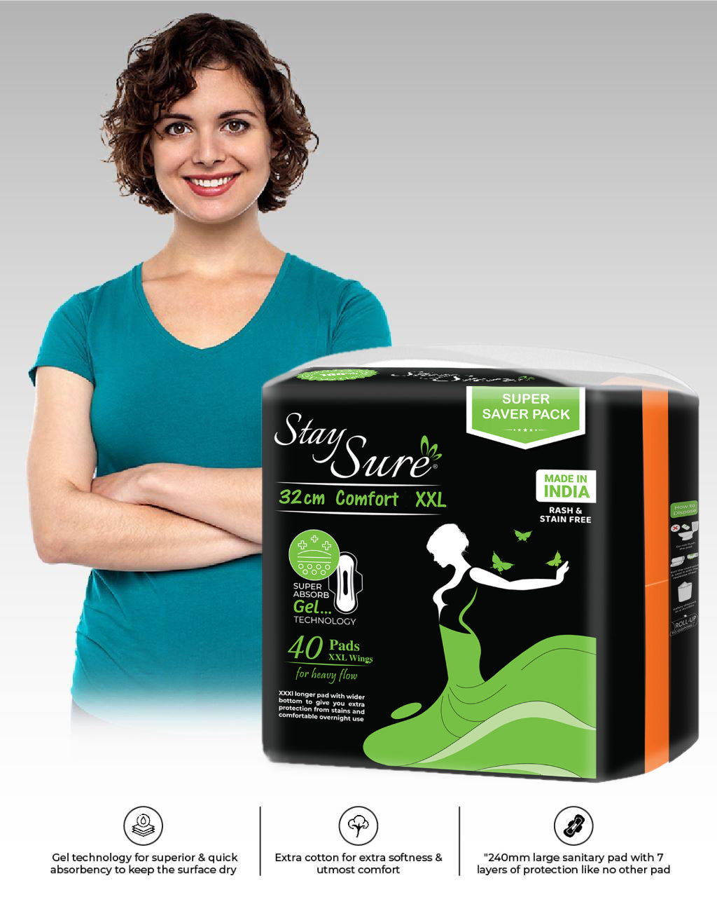 Stay Sure 320mm XXL Extra Cotton Sanitary Pads – Pack of 40 (Individually Wrapped)
