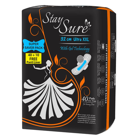 Stay sure 320mm xxl & ultra thin sanitary pads pack of 40 individually wrapped pads + 10 pantyliner free inside for post period use. - staysure.asia