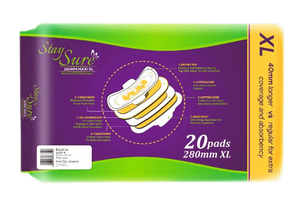 Stay sure 280mm extra large & extra cottony sanitary pads pack of 20 pads new - staysure.asia