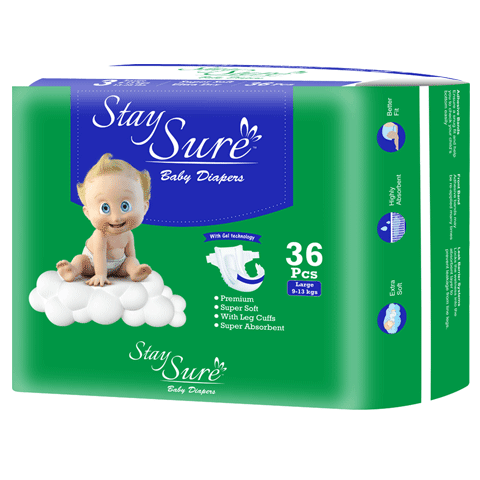 Stay Sure Baby Diaper Sticking type LARGE Size - PACK OF 36Pcs - staysure.asia