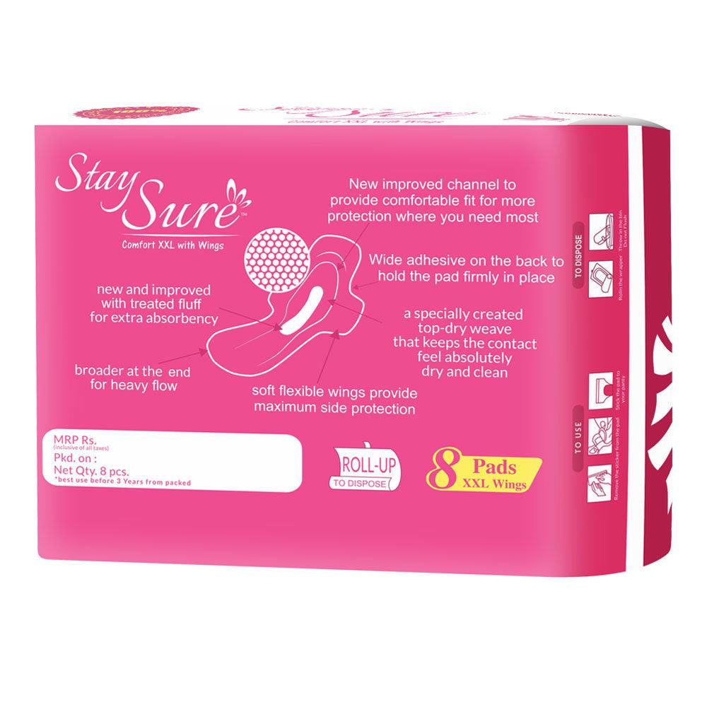 Stay sure 320mm xxl & extra cotton sanitary pads pack of 8 individually wrapped pads. - staysure.asia