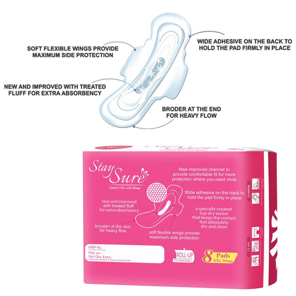 Stay sure 320mm xxl & extra cotton sanitary pads pack of 8 individually wrapped pads. - staysure.asia