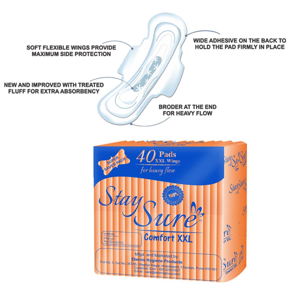 Stay sure 320mm xxl & extra thin sanitary pads pack of 40 individually wrapped pads transparent pack. - staysure.asia