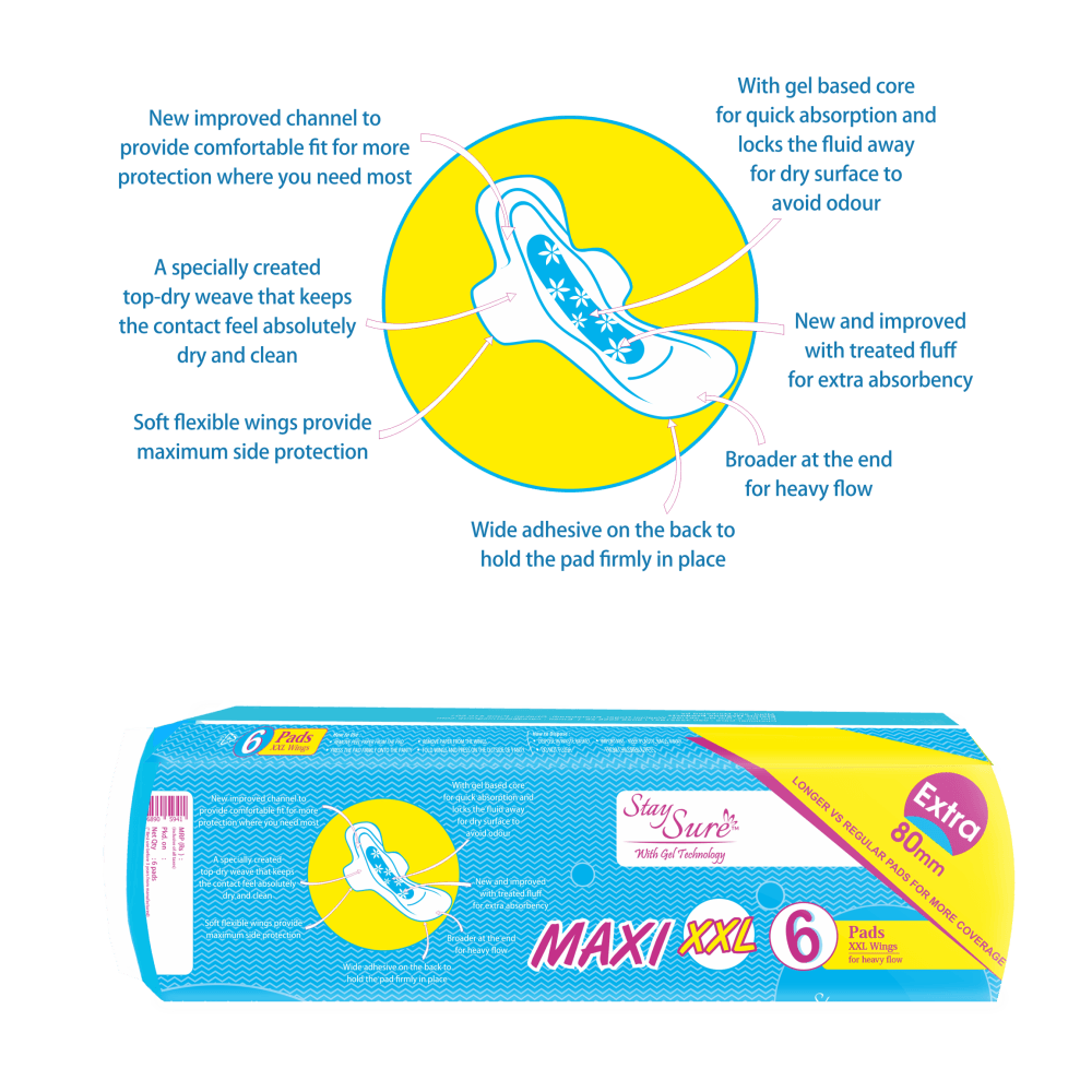 Stay sure 320mm xxl maxi sanitary pads pack of 6. - staysure.asia