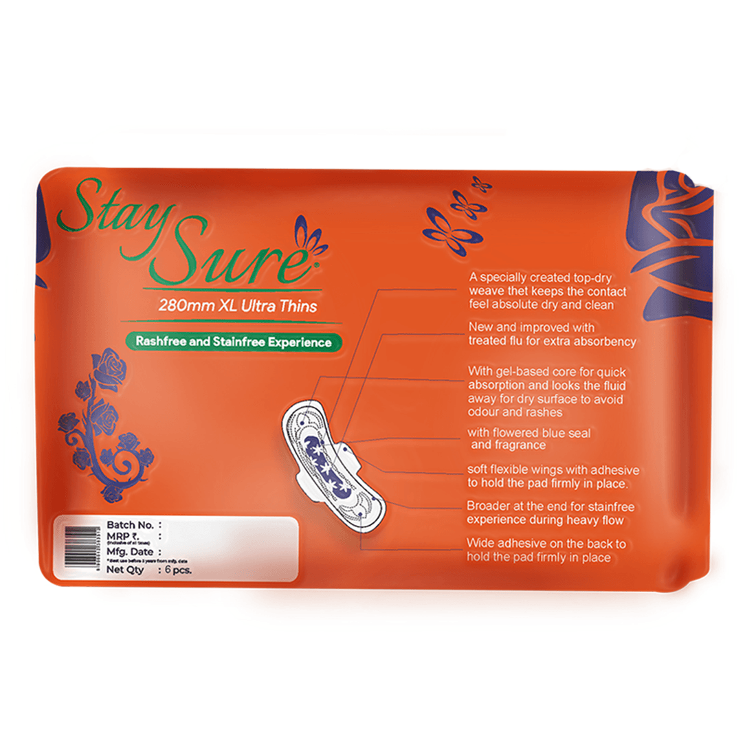 Stay sure 280mm extra large & extra thin sanitary pads pack of 6 individually wrapped pads. - staysure.asia