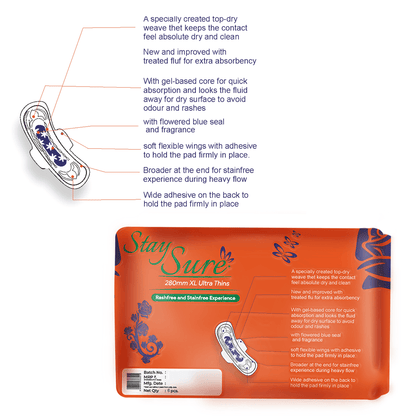 Stay sure 280mm extra large & extra thin sanitary pads pack of 6 individually wrapped pads. - staysure.asia
