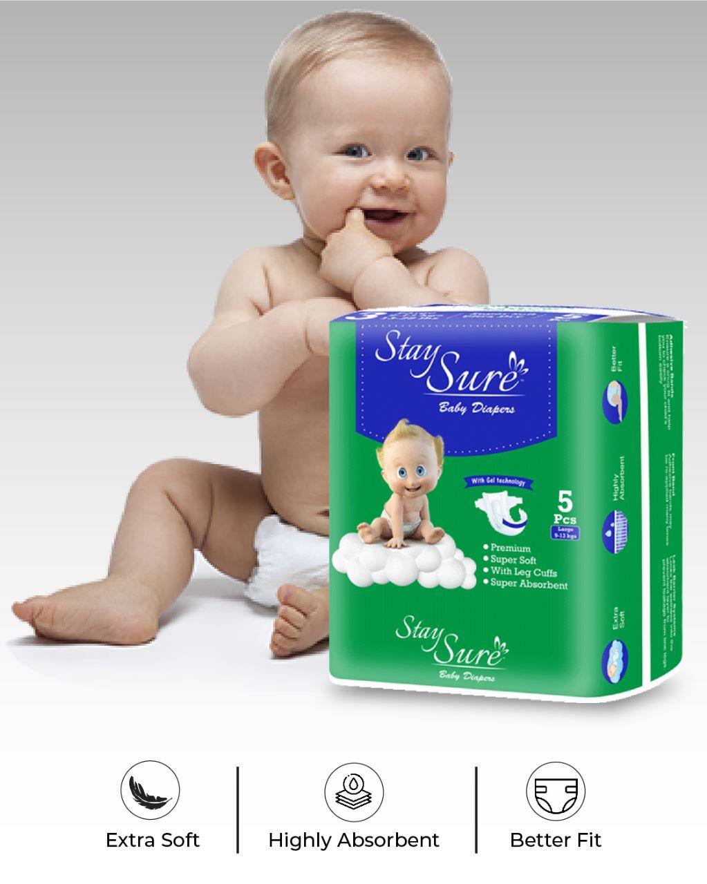Stay Sure Baby Diaper Sticking type LARGE Size - PACK OF 5Pcs - staysure.asia