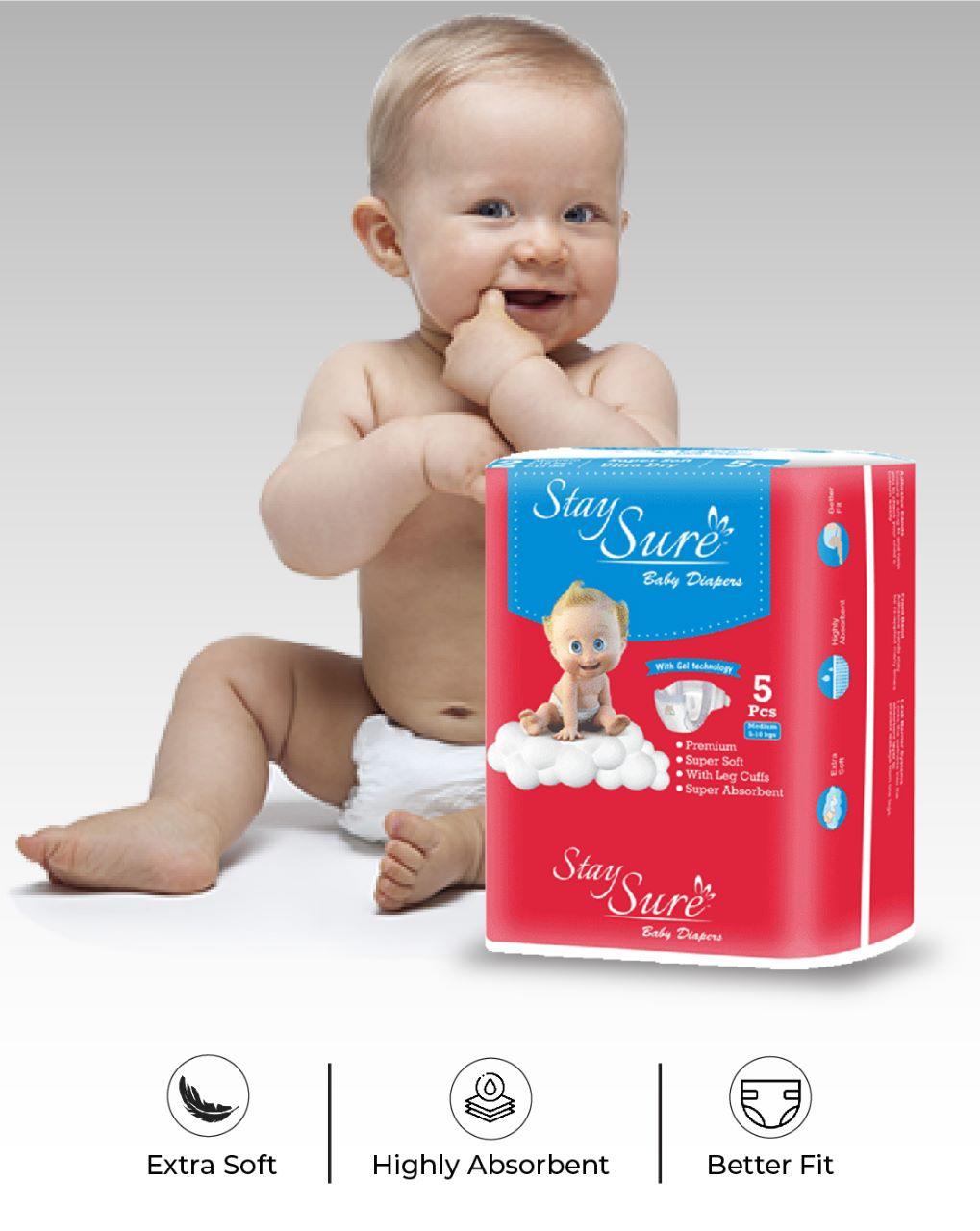 Stay Sure Baby Diaper Sticking type Medium Size - PACK OF 5Pcs - staysure.asia