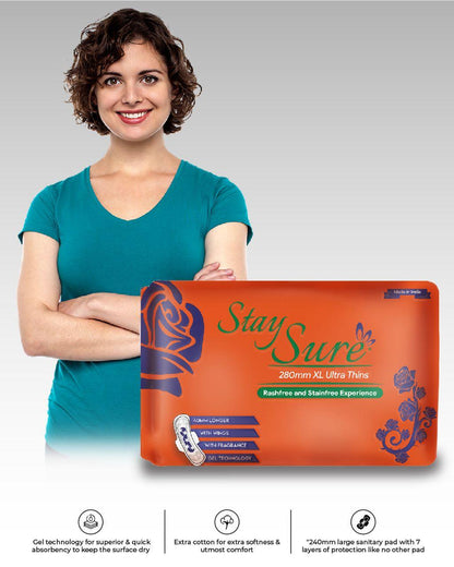 Stay sure 280mm extra large & extra thin sanitary pads pack of 6 individually wrapped pads. - staysure.asia