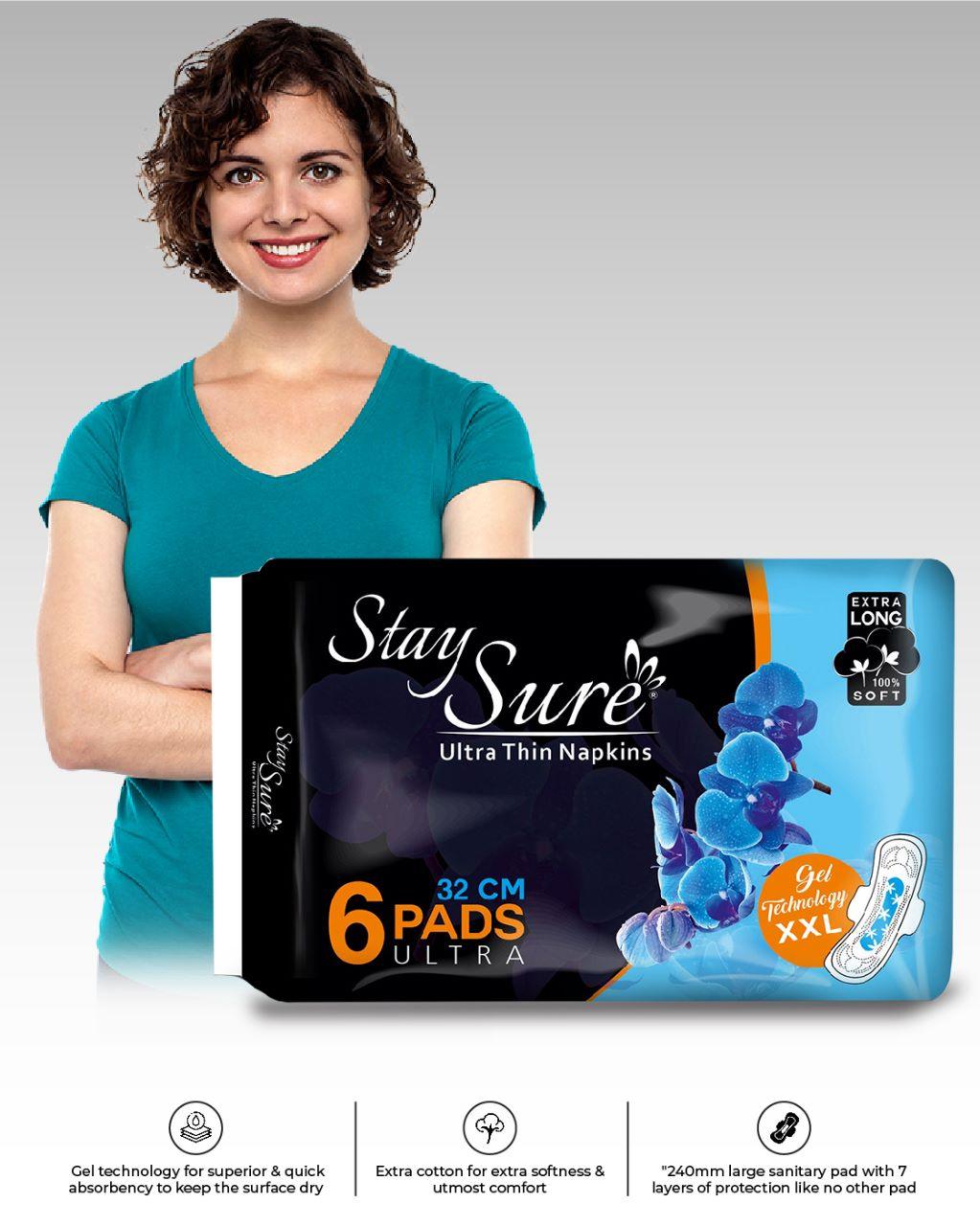 Stay sure 320mm xxl & extra thin sanitary pads pack of 6 individually wrapped pads. - staysure.asia