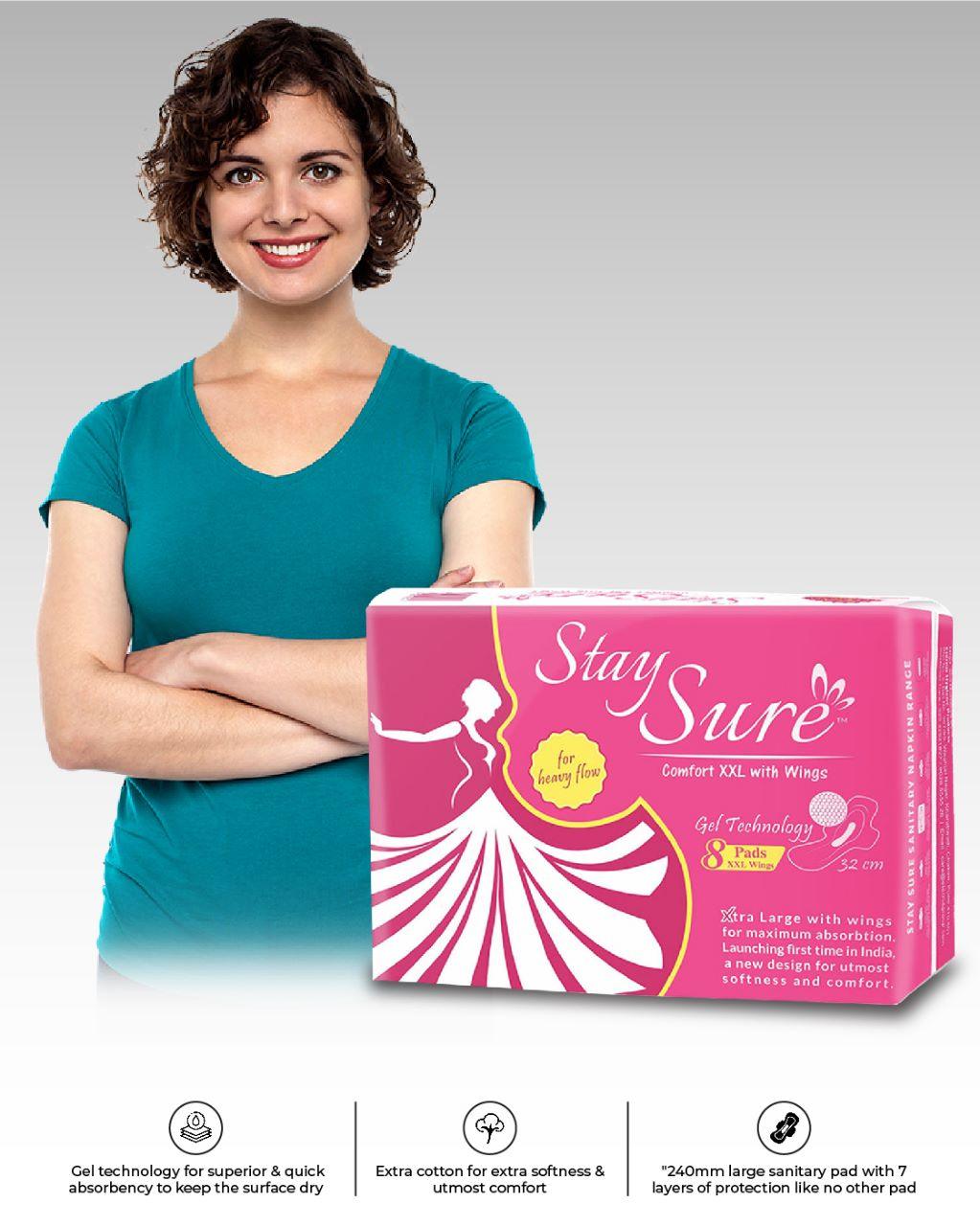 Stay sure 320mm xxl & extra cotton sanitary pads pack of 8 individually wrapped pads. - staysure.asia