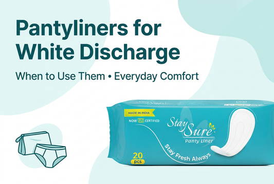 Stay Sure pantyliner pack beside pouch and underwear illustrations, titled “Pantyliners for White Discharge
