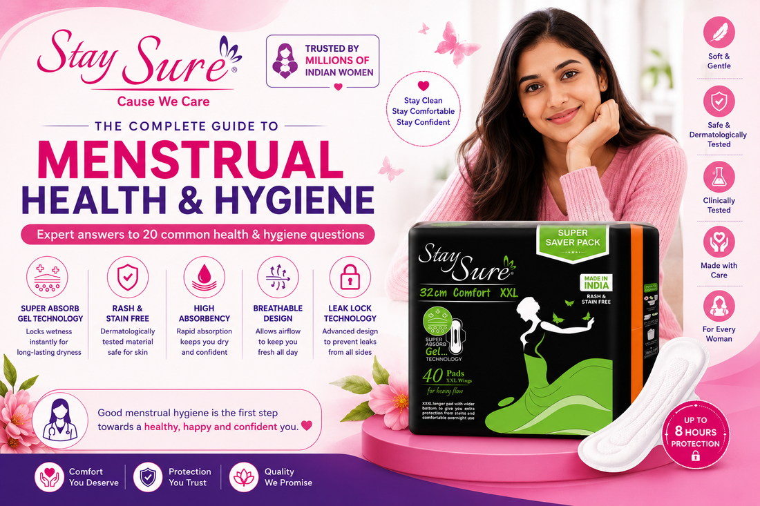 complete menstrual health and hygiene guide by staysure explaining how to prevent period rashes , leaks ,irritation and maintain healthy menstrual hygiene 