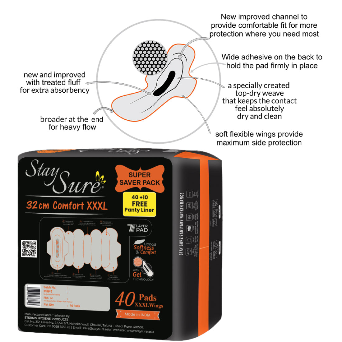 Stay sure 320mm xxl & extra comfort sanitary pads  pack of 40 individually wrapped pads