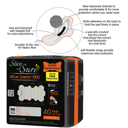 Stay sure 320mm xxl & extra comfort sanitary pads  pack of 40 individually wrapped pads