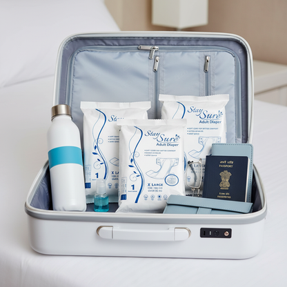 Stay Sure Adult Diaper Travel Pack Lifestyle with Product