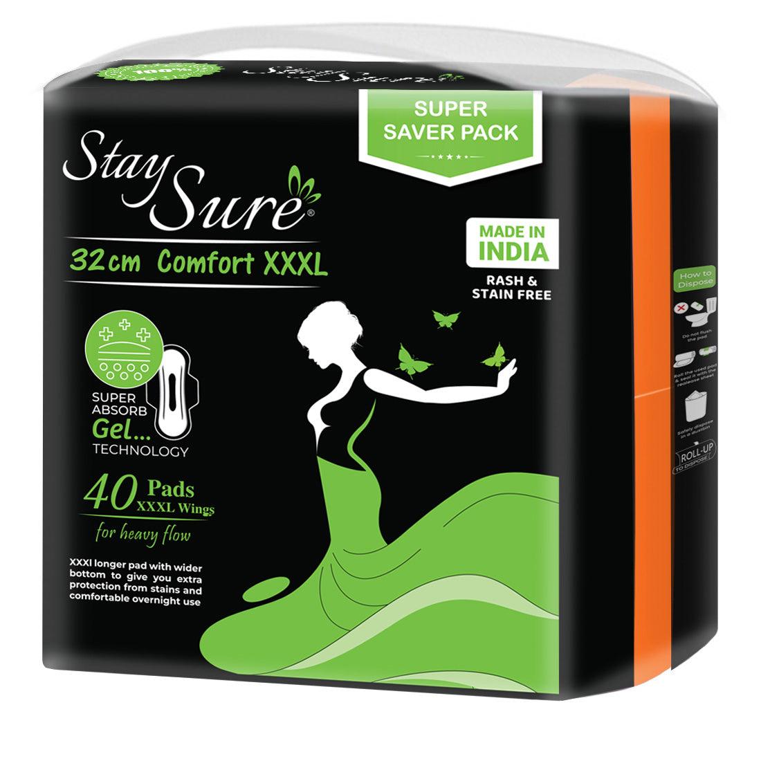 Stay sure 320mm xxl & extra cotton sanitary pads pack of 40 individually wrapped pads. - staysure.asia