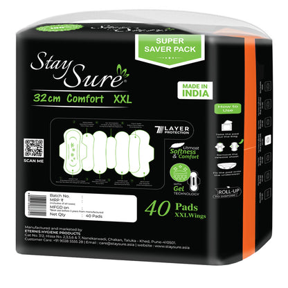 Stay Sure 320mm XXL Extra Cotton Sanitary Pads – Pack of 40 (Individually Wrapped)